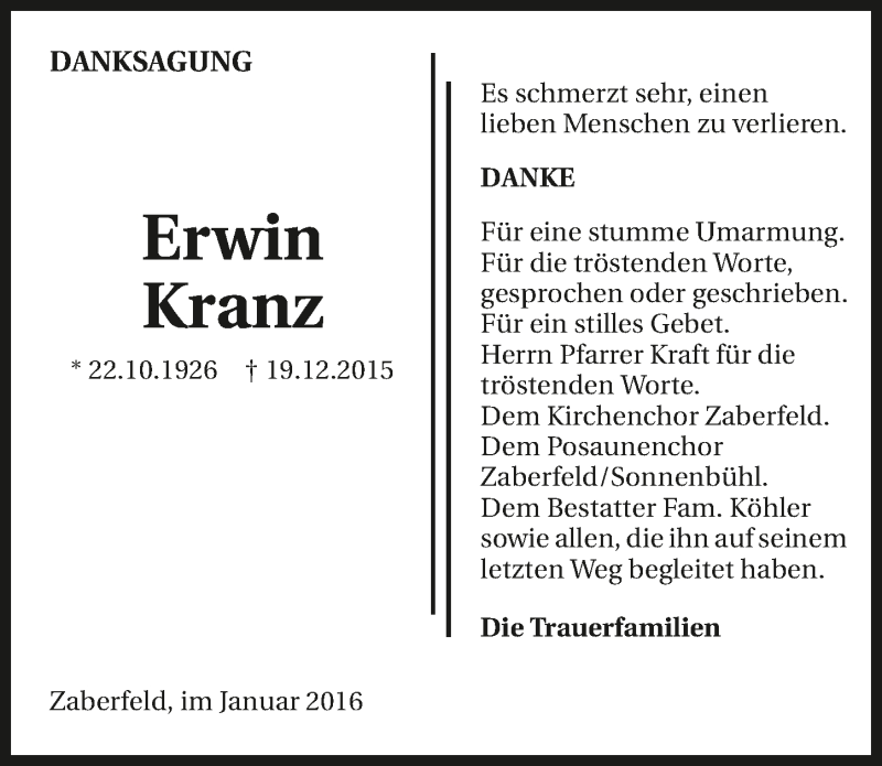  Traueranzeige für Erwin Kranz vom 16.01.2016 aus 