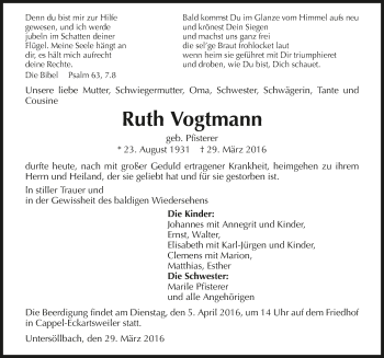 Traueranzeige von Ruth Vogtmann 