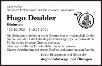 Traueranzeige von Hugo/Bläsergruppe Deubler 