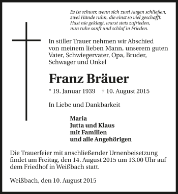 Traueranzeige von Franz Bräuer 