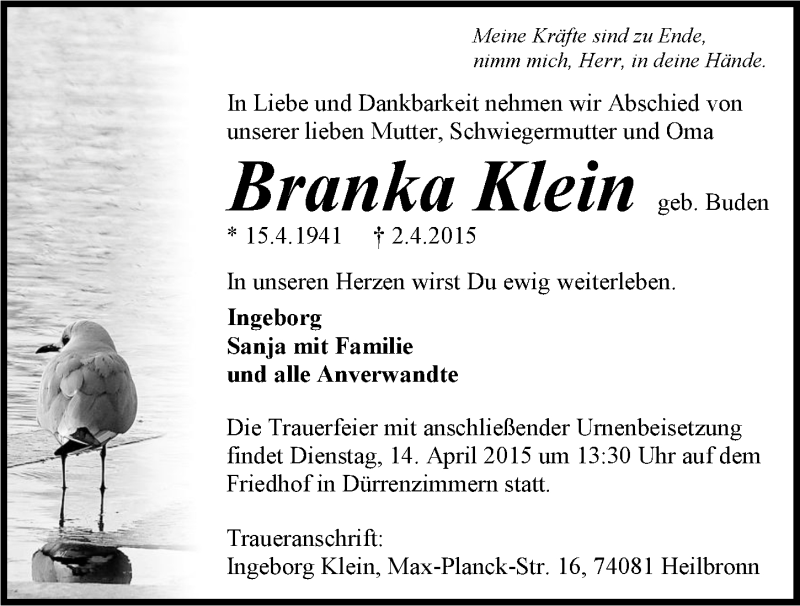  Traueranzeige für Branka Klein vom 08.04.2015 aus 