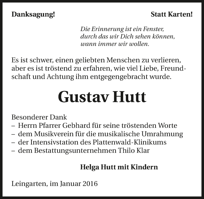  Traueranzeige für Gustav Hutt vom 09.01.2016 aus 