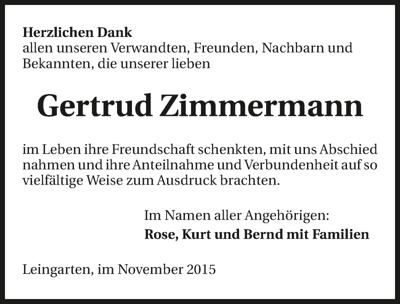  Traueranzeige für Gertrud Zimmermann vom 21.11.2015 aus 