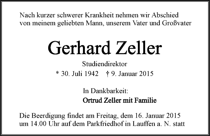 Traueranzeige für Gerhard Zeller vom 13.01.2015 aus 