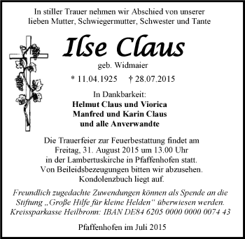 Traueranzeige von Ilse Claus 