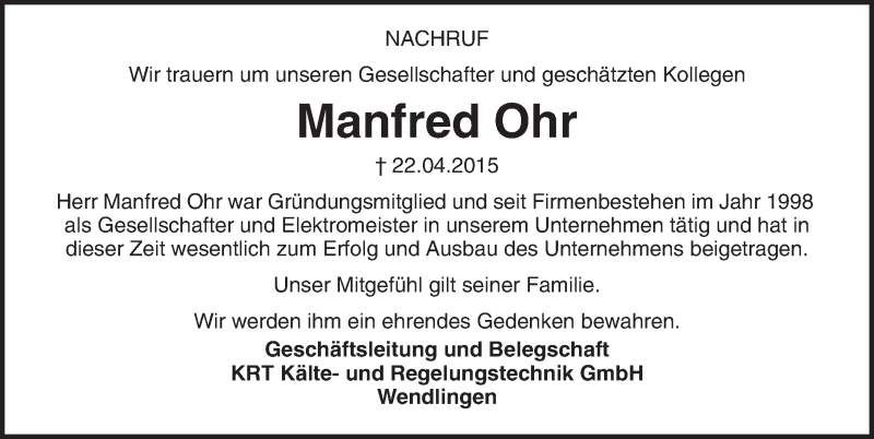  Traueranzeige für Manfred Ohr vom 25.04.2015 aus 