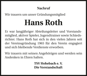 Traueranzeige von Hans Roth 