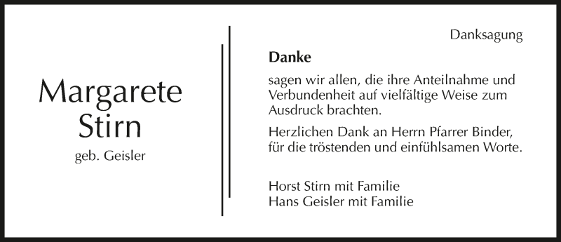  Traueranzeige für Margarete Stirn vom 11.09.2015 aus 