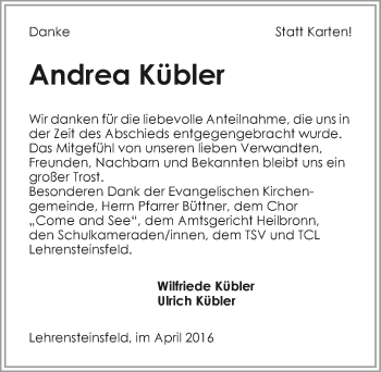 Traueranzeige von Andrea Kübler 