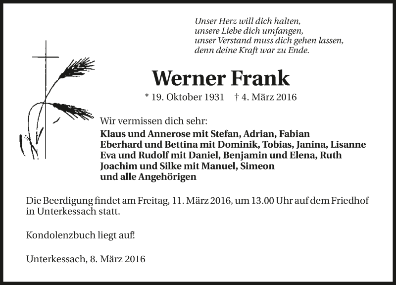  Traueranzeige für Werner Frank vom 08.03.2016 aus 