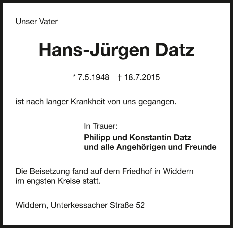  Traueranzeige für Hans-Jürgen Datz vom 29.07.2015 aus 
