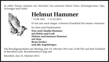 Traueranzeige von Helmut Hammer 