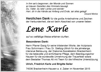 Traueranzeige von Lene Karle 