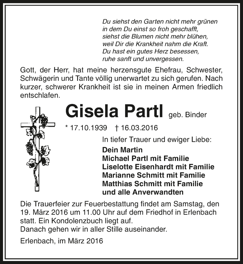  Traueranzeige für Gisela Partl vom 17.03.2016 aus 