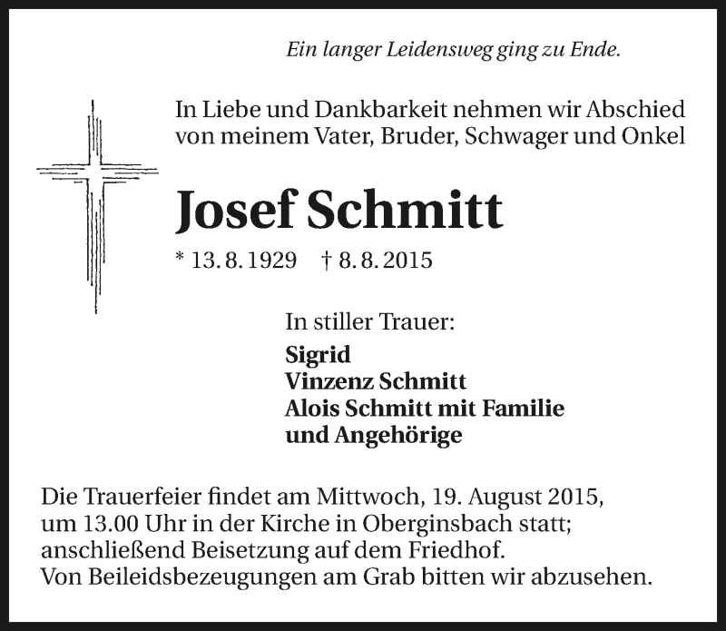  Traueranzeige für Josef Schmitt vom 17.08.2015 aus 