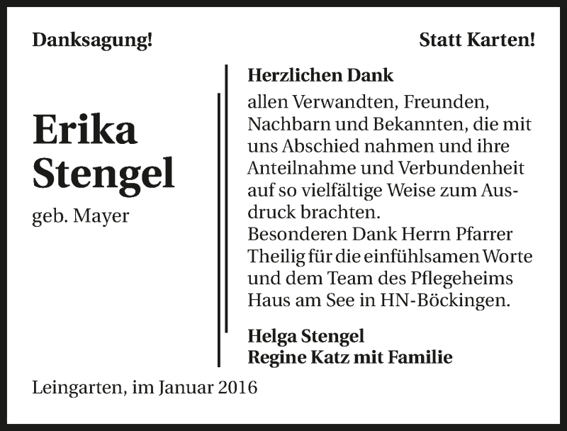  Traueranzeige für Erika Stengel vom 28.01.2016 aus 