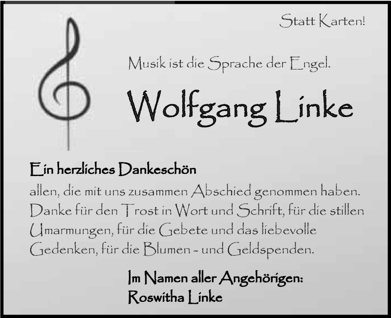  Traueranzeige für Wolfgang Linke vom 02.01.2016 aus 