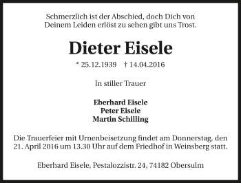 Traueranzeige von Dieter Eisele 