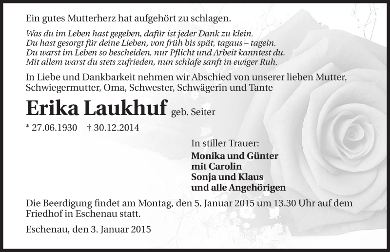  Traueranzeige für Erika Laukhuf vom 03.01.2015 aus 