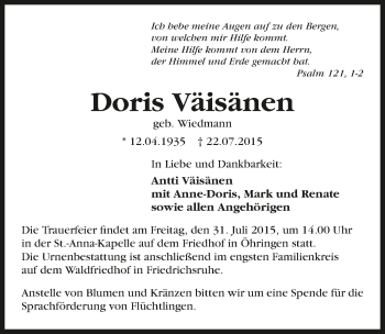 Traueranzeige von Doris Väisänen 