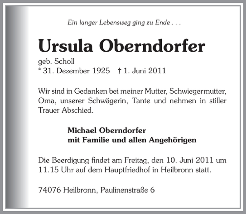  Traueranzeige für Ursula Oberndorfer vom 07.06.2011 aus 