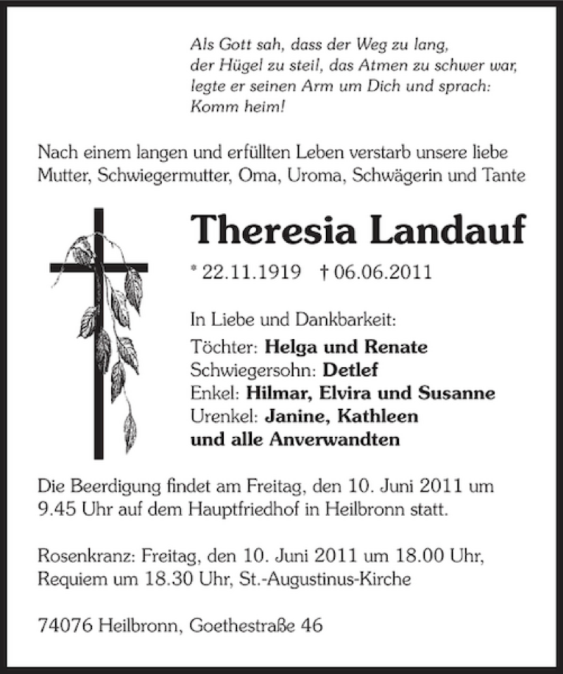  Traueranzeige für Theresia Landauf vom 08.06.2011 aus 