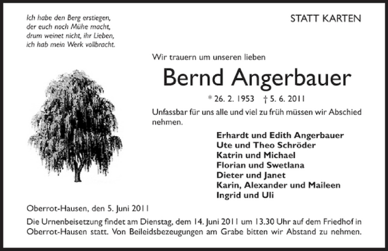  Traueranzeige für Bernd Angerbauer vom 09.06.2011 aus 