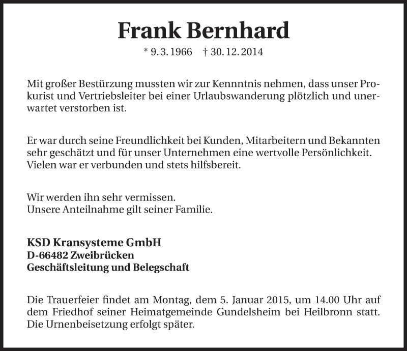  Traueranzeige für Frank Bernhard vom 03.01.2015 aus 