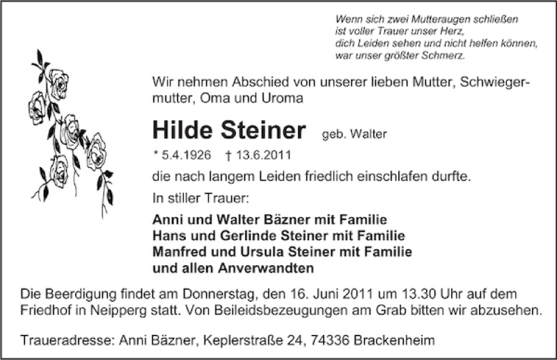 Traueranzeige für Hilde Steiner vom 14.06.2011 aus 
