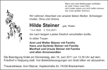 Traueranzeige von Hilde Steiner 