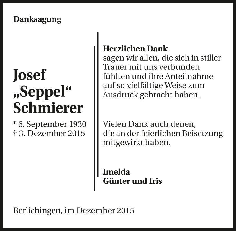  Traueranzeige für Josef Schmierer vom 31.12.2015 aus 