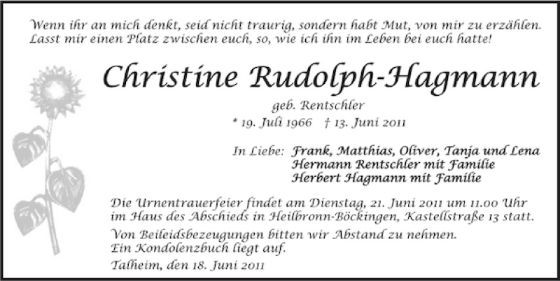  Traueranzeige für Christine Rudolph-Hagmann vom 18.06.2011 aus 