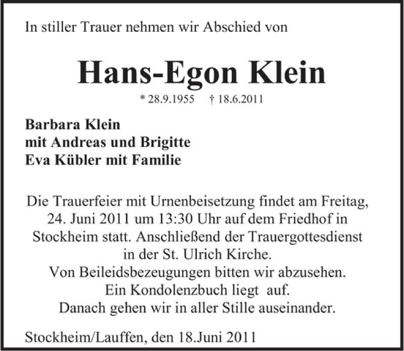  Traueranzeige für Hans-Egon Klein vom 21.06.2011 aus 