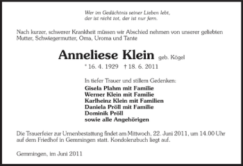 Traueranzeige von Anneliese Klein 