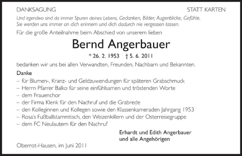  Traueranzeige für Bernd Angerbauer vom 24.06.2011 aus 