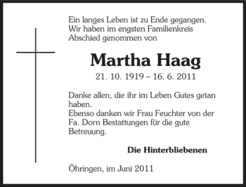 Traueranzeige von Martha Haag 