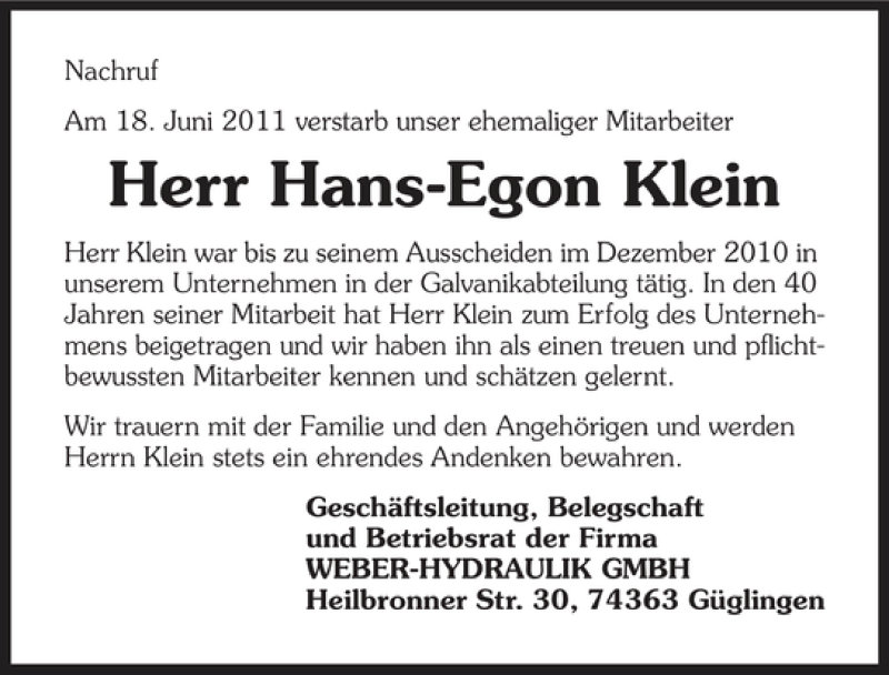  Traueranzeige für Hans-Egon Klein vom 25.06.2011 aus 