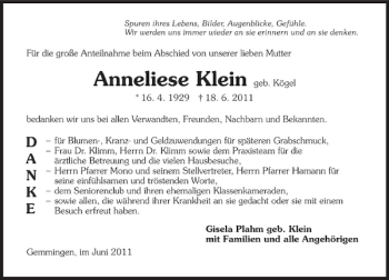 Traueranzeige von Anneliese Klein 