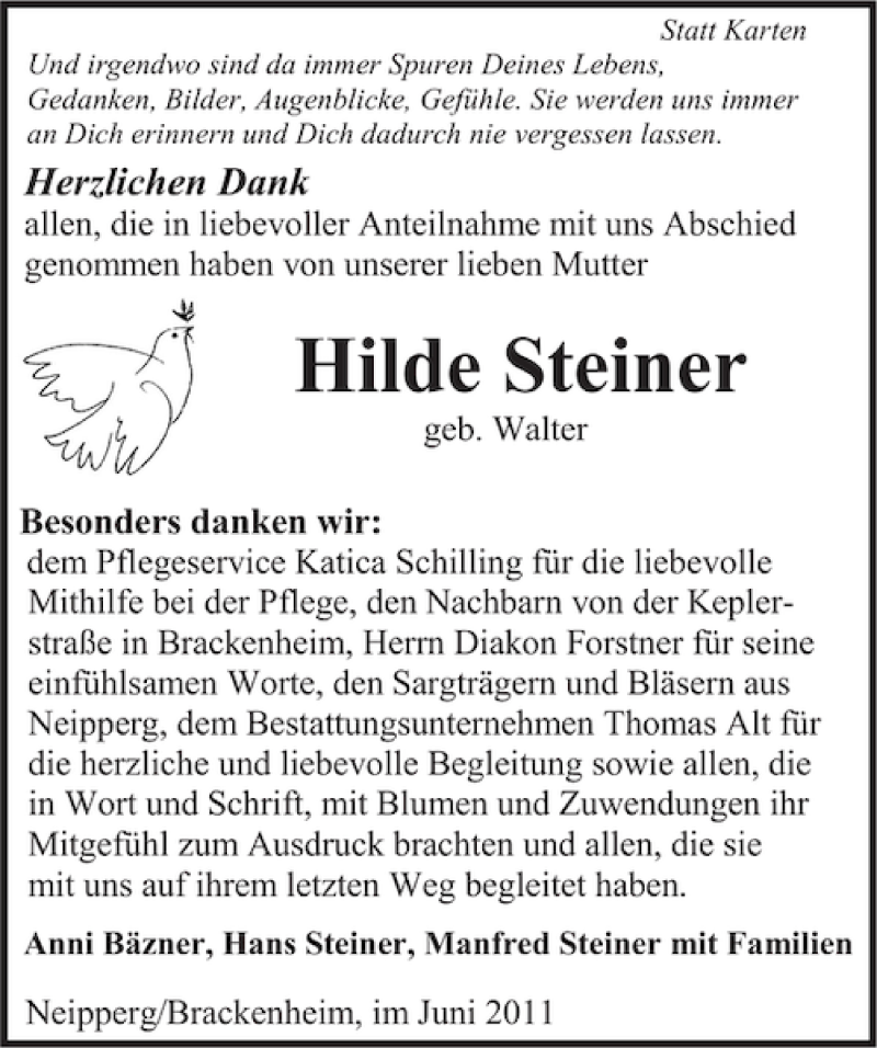  Traueranzeige für Hilde Steiner vom 29.06.2011 aus 