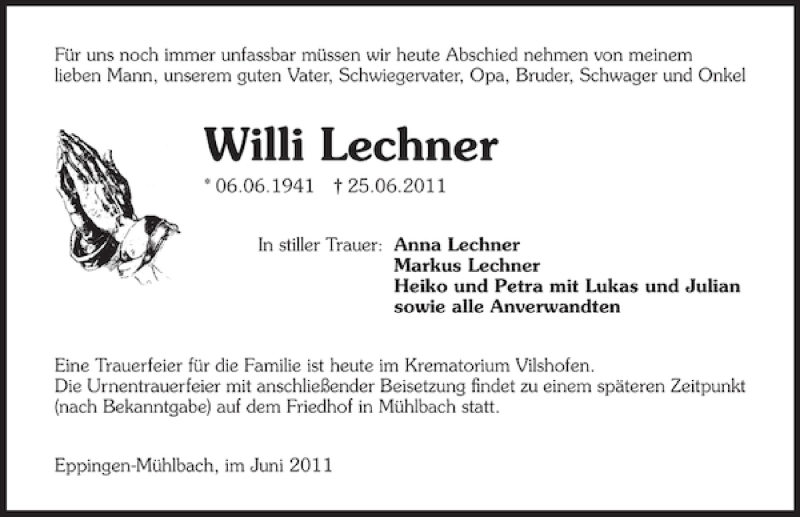  Traueranzeige für Willi Lechner vom 30.06.2011 aus 