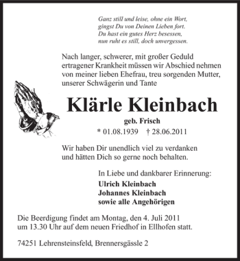 Traueranzeige von Klärle Kleinbach 