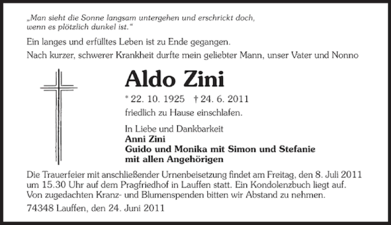  Traueranzeige für Aldo Zini vom 06.07.2011 aus 