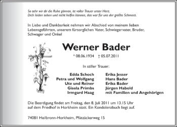 Traueranzeige von Werner Bader 