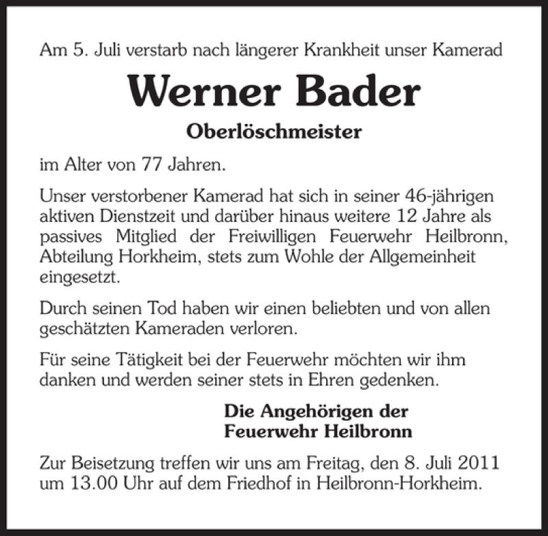  Traueranzeige für Werner Bader vom 07.07.2011 aus 