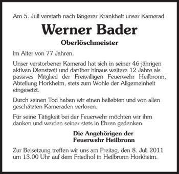 Traueranzeige von Werner Bader 