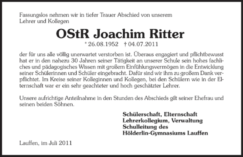 Traueranzeige für OStR Joachim Ritter vom 08.07.2011 aus 