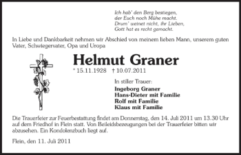 Traueranzeige von Helmut Graner 