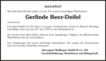 Traueranzeige von Gerlinde Beez-Deifel 