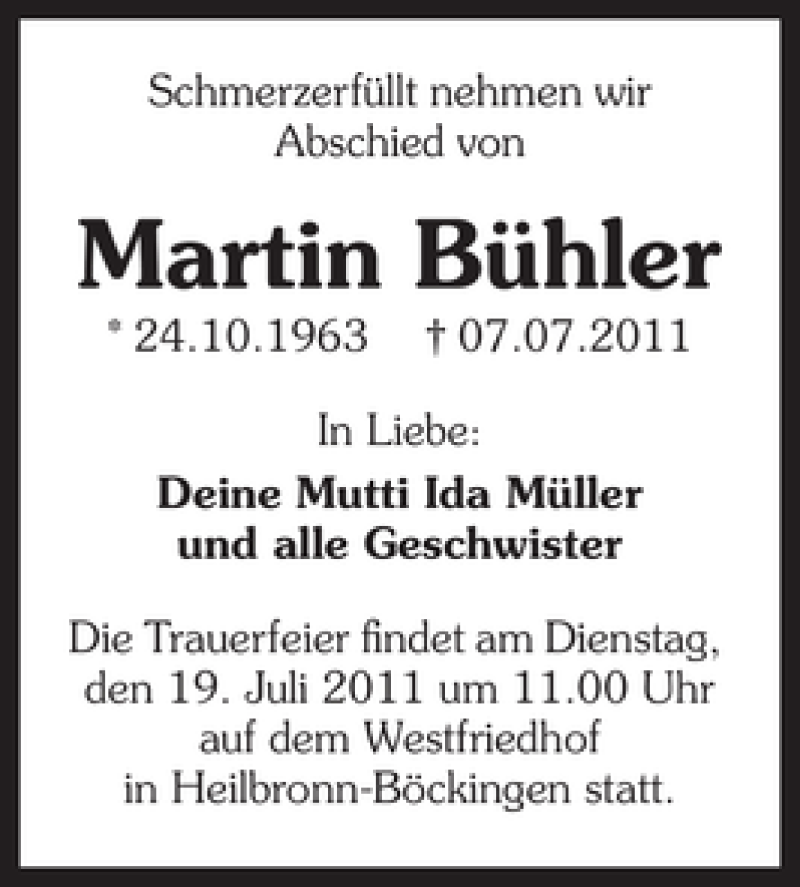  Traueranzeige für Martin Bühler vom 15.07.2011 aus 