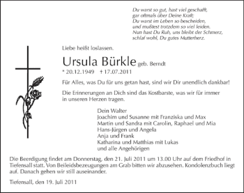 Traueranzeige von Ursula geb. Berndt Bürkle 